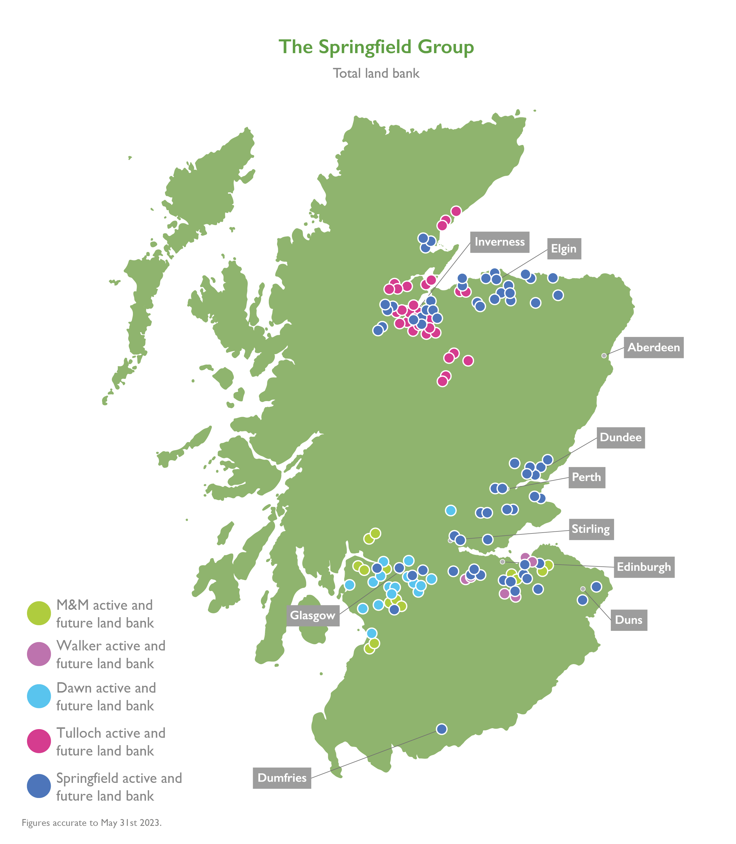 Map of Scotland detailing the geographic reach of The Springfield Group.