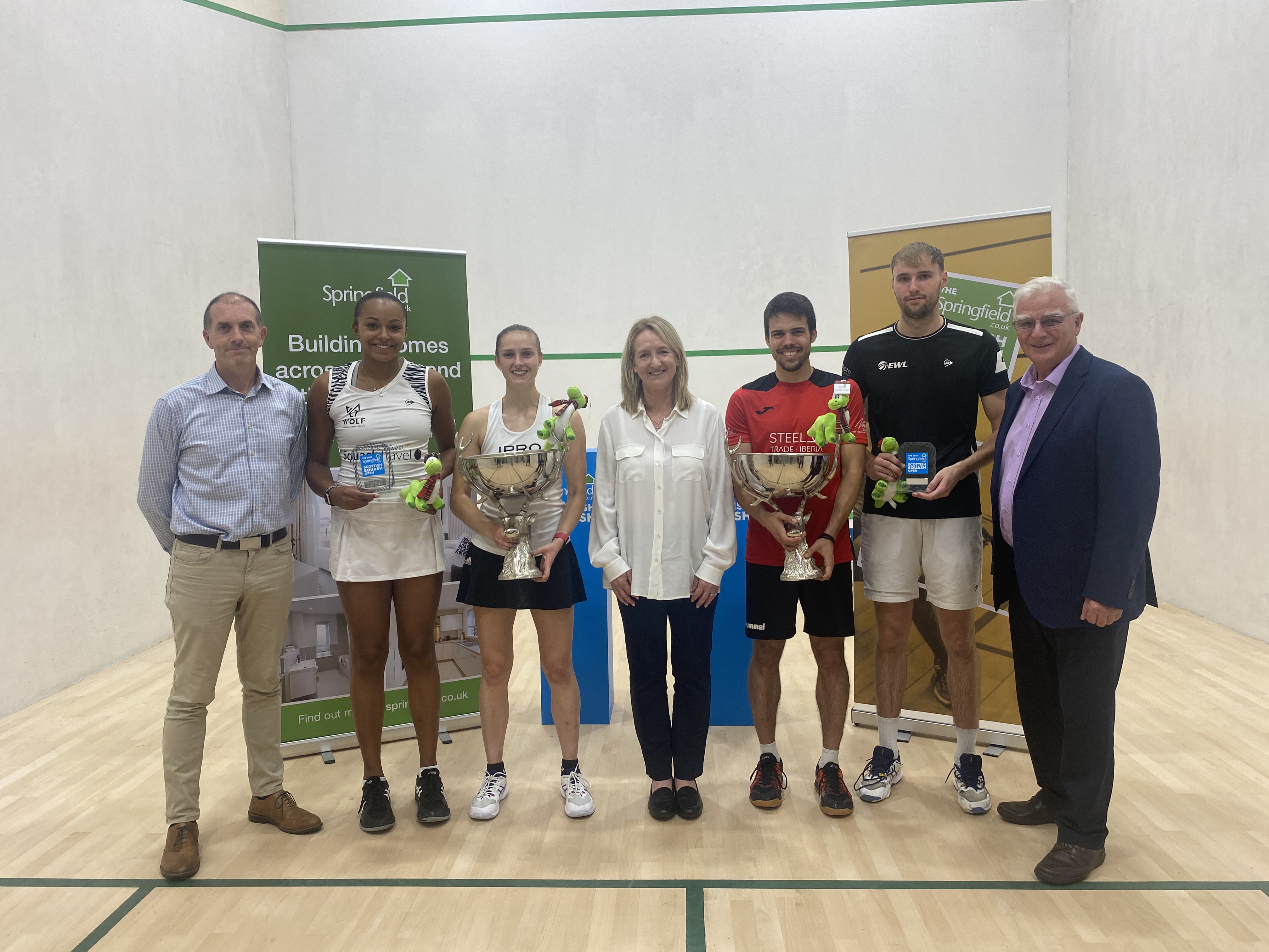 Springfield Scottish Squash winners and finalists with Springfield Chairman Sandy Adam, Scottish Squash President Paul Macari and Scottish Squash CEO, Maggie Still.